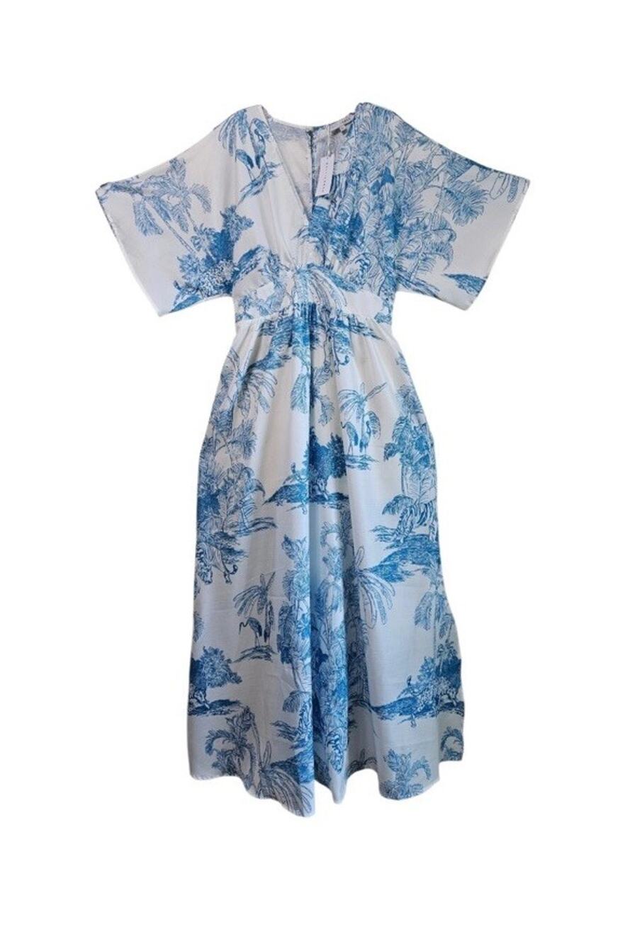 BALTIC BORN Size XL Dara Maxi Dress Tropical Blue White Kimono Sleeve Extra Long